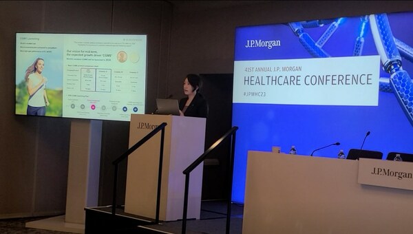Serena Cho, Chief Operating Officer of SD Biosensor, gives a presentation on the company’s corporate vision at the JP Morgan Healthcare Conference.