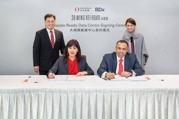 (From left) Ng Wai Hong - Assistant General Manager (Leasing) of Sino Group, Bella Chhoa - Director of Asset Management of Sino Group, Vijay Tripathi - Chief Financial Officer of BDx and Katherine Lee - Head of Legal of BDx attend the signing ceremony.