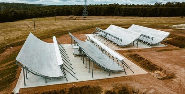 Aerial view of the two S-band active phased array radars at the West Australian Space Radar (WASR) site in Collie Shire, Western Australia.