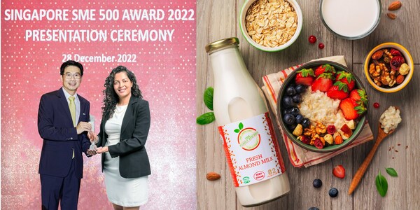 Radhika Sathaye, Founder and Creator of The Family Kitchen Pte. Ltd. receiving ATC's SME 500 of the Year Award and a photo of their best-selling Fresh Almond Milk which is a Singapore favorite.