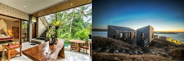 左：印度尼西亚巴厘岛森系别墅；右：挪威诺尔兰郡小木屋