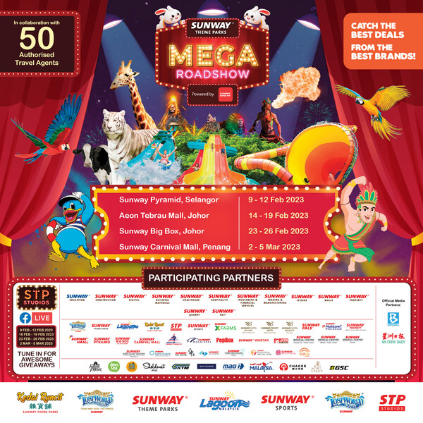 Sunway Theme Parks Mega Roadshow 2023 powered by Sunway Super App, featuring a host of exciting promotions and packages in collaboration with Sunway partners and local brands. In collaboration with 50 authorized travel agents.