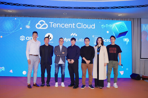 Left to Right: Fred Sun, Head of Strategy, Tencent Cloud International; Karl Xu, Vice President, Tencent Cloud; Poshu Yeung, Senior Vice President, Tencent Cloud International; Derik Han, Head of APAC Partnerships at Mysten Labs (Sui); Stanley Wu, CTO and Co-Founder of Ankr; Sandy Peng, co-founder of Scroll; Wilson Wu, Avalanche's Asia Growth lead