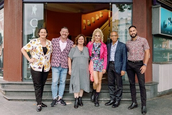 Left to right: Kate Wickett, CEO of Sydney WorldPride, Brent Miller; CODED Executive Producer and P&G Global LGBTQIA+ Equality Leader; Amanda Lampe, Corporate Relations Director for Diageo Australia; Courtney Act, International Drag Queen; Kumar Venkatasubramanian, Senior Vice President & General Manager of P&G Australia & New Zealand; and Matty Mills First Nations TV Presenter and Actor outside Palace Verona Cinema today