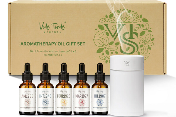 Veda Tinda Scent launches new aromatherapy gift set, including five 30ml bottles of naturally scented aromatherapy essential oils and a humidifier to use the oils with.