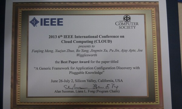 孟繁晶和团队获得2013年IEEE国际云计算大会“最佳论文奖”