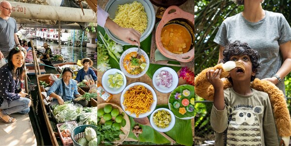 （左：曼谷水上集市；中：清迈泰餐烹饪；右：普吉岛长臂猿救助）
