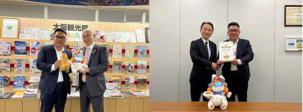 Trip.com Group 副総裁Benny Wang（ベニー・ワン）と大阪観光局理事長の溝畑宏氏（左）、横浜市文化観光局の神部浩局長（右）