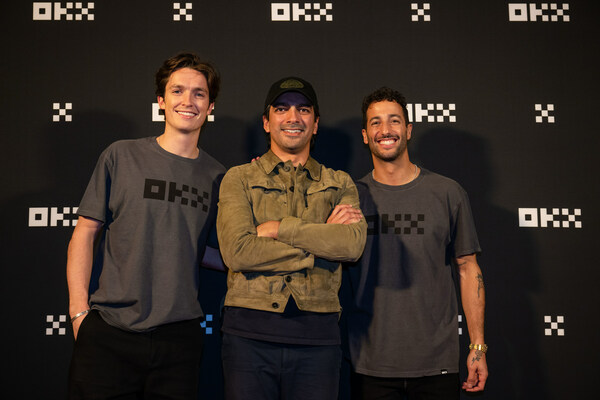 OKX Ambassadors Scotty James (left), and Daniel Ricciardo (right) pose with OKX CMO Haider Rafique (center)