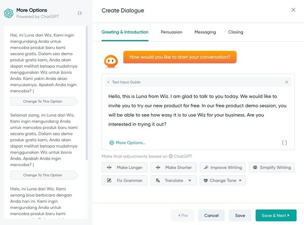 Dengan beberapa klik, TalkGPT membolehkan pengguna untuk mereka dialogf untuk perbualan pelanggan yang boleh dibantu menggunakan penyelesaian Talkbot WIZ.AI yang memahami dan memberi respons kepada respons pelanggan sama seperti ejen manusia