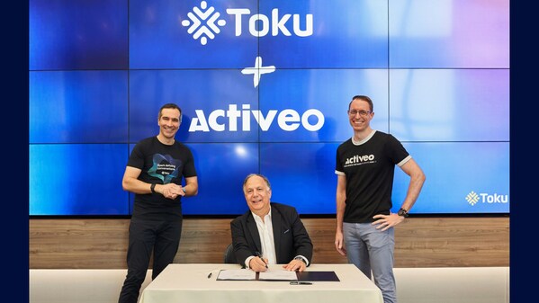 The acquisition signature ceremony; 
From left to right: Thomas Laboulle, Founder and CEO, Toku; Joseph Kort, Co-Founder & CEO, Activeo; and Jonathan Mondon, Head of Consulting, Toku