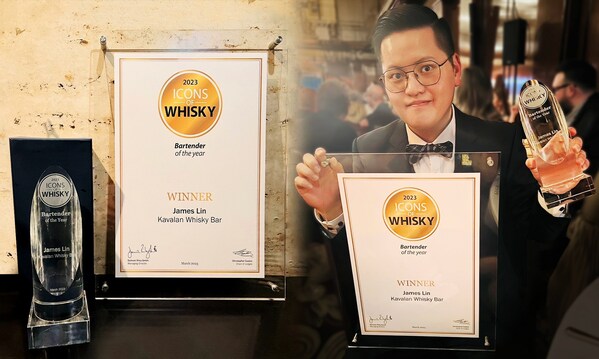 James Lin, winner of the global award “Bartender of the Year” holds the trophy.