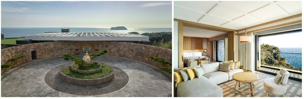 从左至右：济州岛JW万豪酒店外观、全景套房