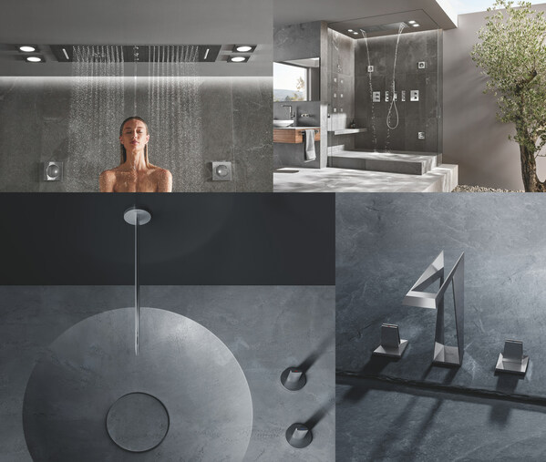 上面：德国高仪SPA水之灵感定制化淋浴系统 下面从左到右：德国高仪SPA雅欧艾肯3D龙头；德国高仪SPA雅律铂亚特艾肯3D龙头