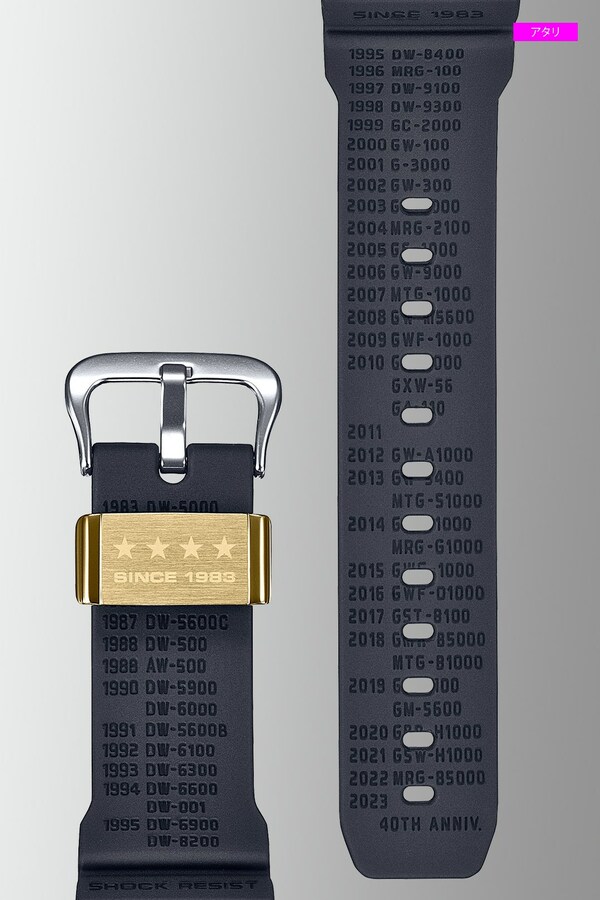 Tali jam tangan yang mencantumkan nomor model, dan lubang tali jam tangan dengan logo 40 tahun G-SHOCK