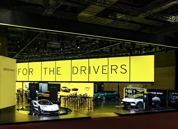 Lotus Tech booth displays for Eletre (right and middle), its first fully electric hyper SUV, and Evija (left), the world’s first pure electric British hyper car.