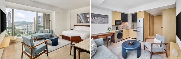 深圳机场希尔顿逸林公寓的逸林单间（左）和逸林一居室的客厅及厨房空间（右）