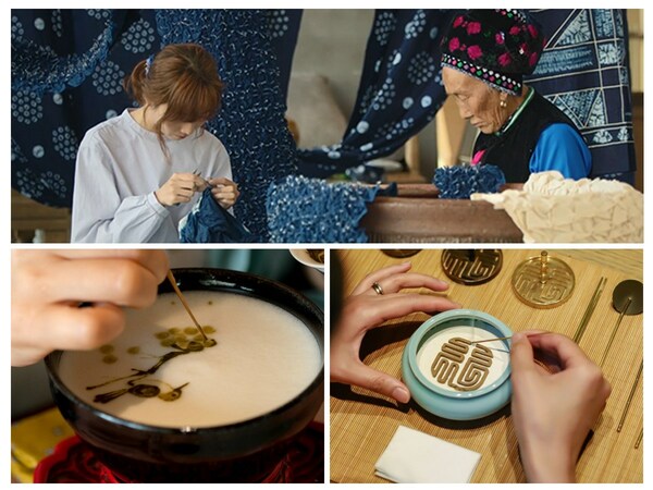 上图：民间艺术魅力“扎染技艺”；左下：中国茶文化代表风俗之一“宋代点茶”；右下：传统制香手作“山海香居香道”。