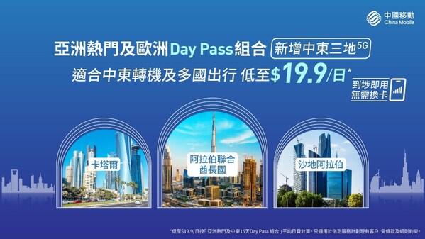 中國移動香港Day Pass亞洲熱門及歐洲組合 新增三大中東熱門地區5G漫遊數據服務