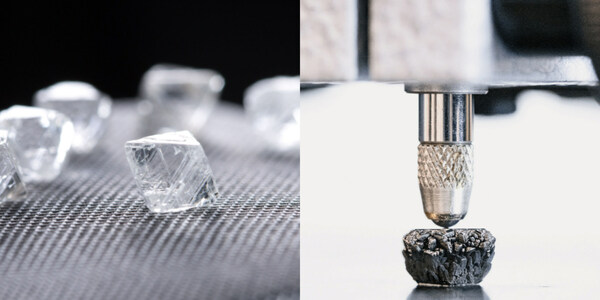 左：天然鑽石原石；右：未經打磨的CVD（碳氣相沉積法）人工合成鑽石