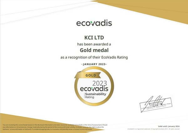 A Gold Medal certificate that KCI has been awarded by EcoVadis, a global ESG rating organization.