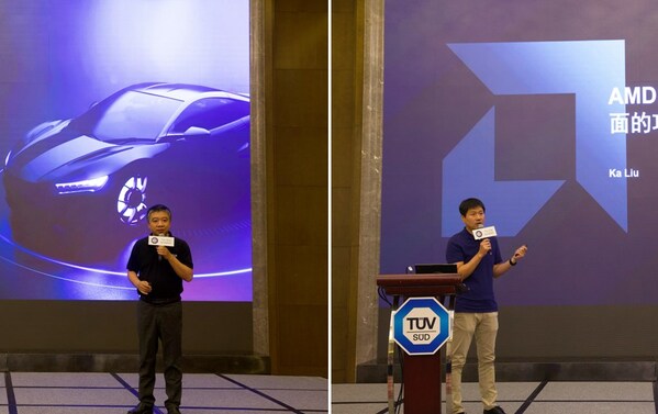 AMD张宁先生（左）与刘咖先生（右）分别介绍AMD自适应SoC汽车应用方案及AMD自适应SoC助力打造全面的功能安全方案