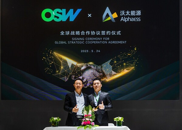 Thomas Yuan, Chairman and Co-Founder of AlphaESS, and Anson Zhang, Co-Founder and CEO of OSW, unite to mark their transformative global partnership
