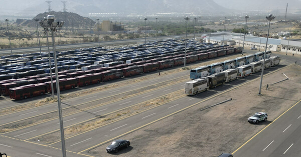 A general view showing hundreds of buses during a grouping simulation for the upcoming 2023 Hajj season.