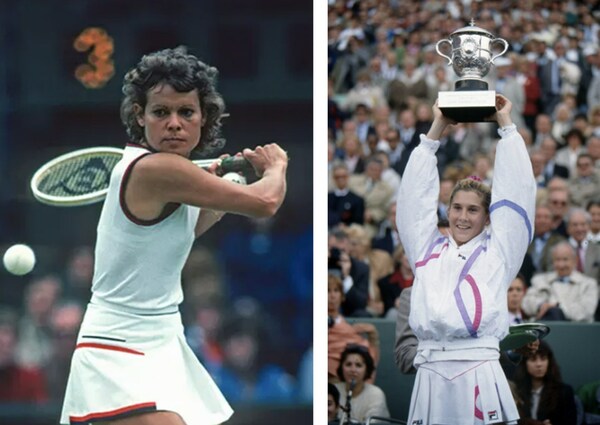 左：球场名花Evonne Goolagong身穿FILA网球服; 右：球场名花Monica Seles身穿FILA网球服