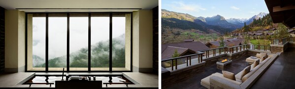 从左至右：从别墅浴室和别墅露台遥望森林、山景和藏寨