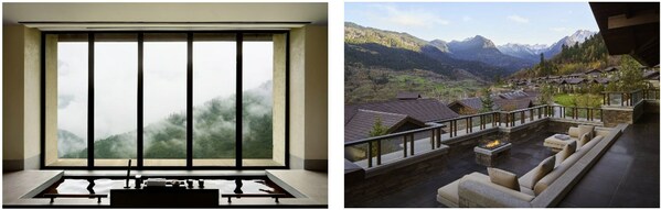 From left to right: Villa bath and villa terrace overlook forests, mountains, and Tibetan villages