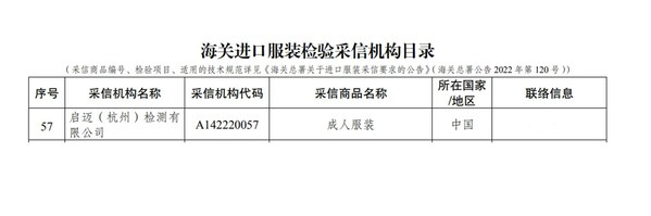 启迈QIMA杭州公司入选《海关进口服装检验采信机构目录》