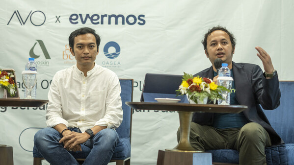 Peresmian kerjasama AVO Innovation Technology dan Evermos sebagai official reseller platform. [Dari kiri ke kanan, Anugrah Pakerti (CEO AVO) dan Ilham Taufiq (Co-Founder Evermos)]