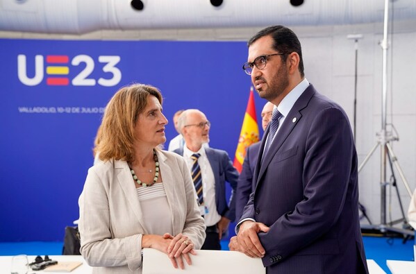 Dr. Sultan Al Jaber, COP28 President-Designate with Spanish Deputy Prime Minister and Minister for the Ecological Transition Teresa Ribera during his meeting with EU Energy and Environment Ministers in Madrid