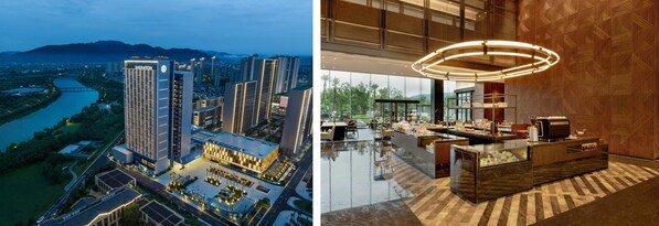 从左至右：台州喜来登酒店外观夜景图、&More by Sheraton咖啡吧