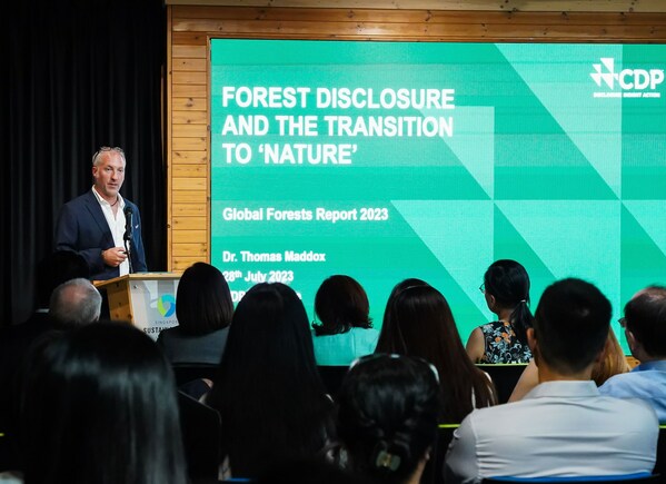 Tom Maddox, Global Director Forest and Land, CDP, presenting findings from the Global Forest Report 2023 during the 
