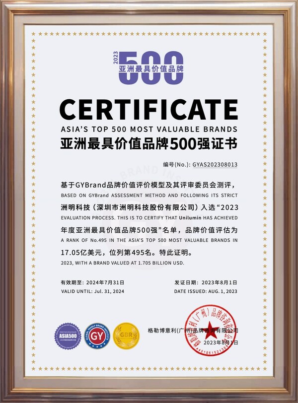Unilumin, 아시아 500대 브랜드에 합류