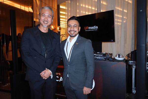 Bryan Chng (left), Executive Creative Director of UP Media, and Adam Piperdy (right), Chief Experience Officer of Unearthed Productions, launches UP Media to a filled room of industry executives at Mondrian Singapore Duxton on 2 Aug 2023.