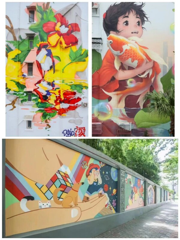 法国涂鸦艺术家DEZIO创作的《青春之花》（左图）；墙绘师刘小备的作品《憧憬》（右图）；中国插画艺术家Jazzy的作品《守护》（下图）