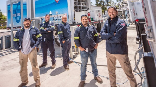 FirstElement Fuel team members break for a photo at the Companys hydrogen logistics hub and field-testing facility located in Livermore, CA. The facility is home to a one-of-a-kind field-testing facility for liquid hydrogen cryopump systems.