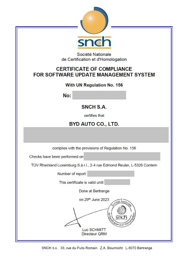 加速智能网联汽车产业发展，TÜV莱茵助力比亚迪汽车获SNCH UN-R156 SUMS和VTA证书