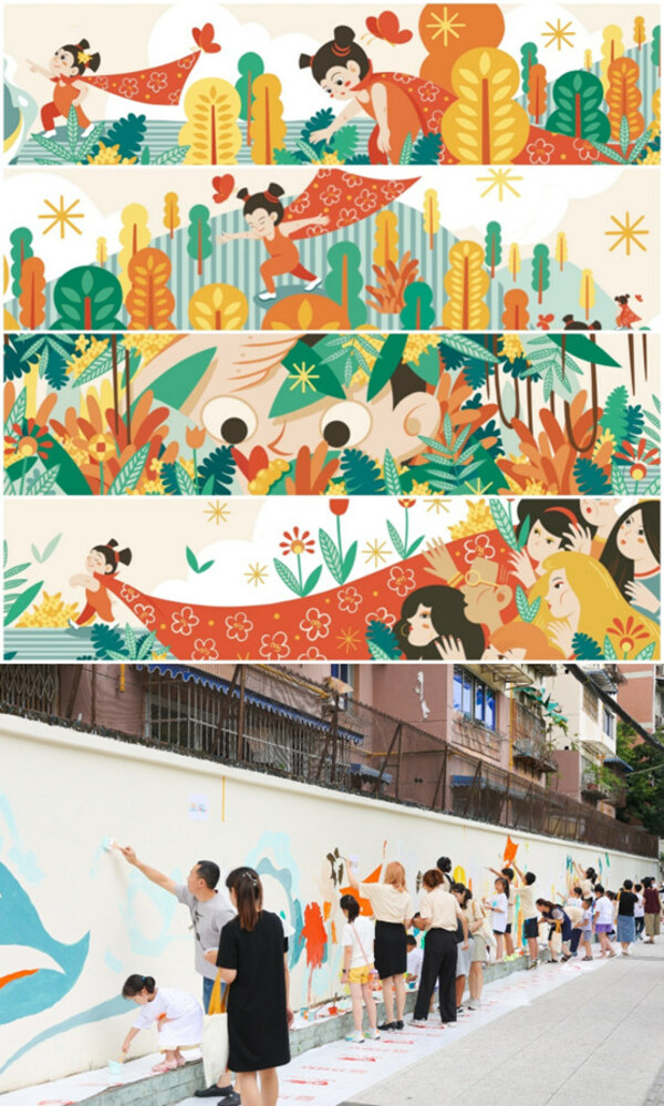 中国插画艺术家徐颖的作品《成长》（上图）；立邦携手志愿者们为广福桥社区共绘《成长》（下图）