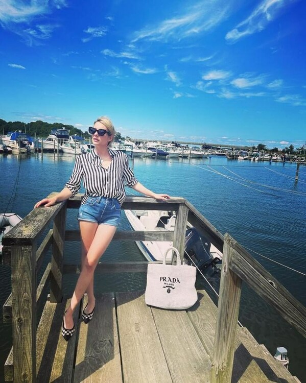Actress Emma Roberts shared a photo on Instagram wearing LILYSILK the Amalfi Silk Stripe Shirt