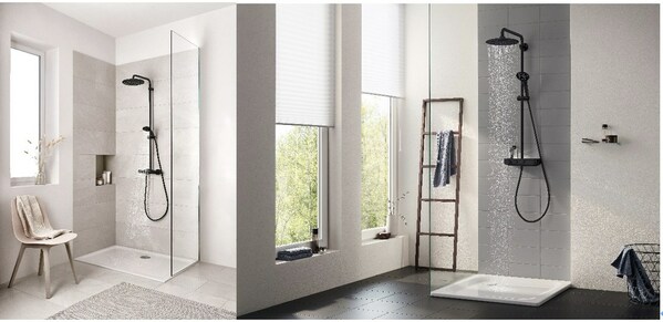 从左到右：维达利斯达恒温淋浴系统典雅黑版本；奥菲利亚智能控制恒温淋浴系统梦幻黑版；