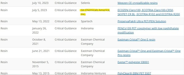 SK Chemicals listed on APR website certification list.