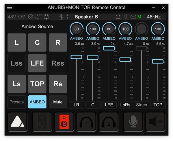 AMBEO 雙聲道空間音頻實時渲染器讓所有觀眾都能領略環繞聲和沉浸式內容的魅力。圖中所示為渲染器界面的原型機，可對更有空間感的雙聲道混音進行微調，可通過標準Anubis遠程控制軟件進行控制
