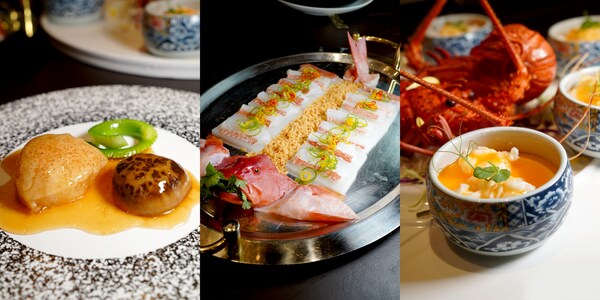Left Image: Abalone Sauce  Mushrooms With Pomelo Peel; Middle Image: Fish Soup with Star Gurnard and Rice; Right Image: Golden Soup Lobster Balls with Egg Drop
