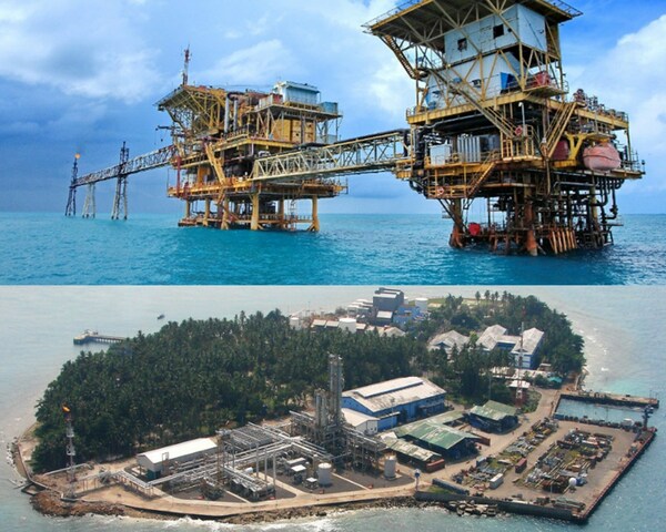 Offshore oil and gas production platforms and oil processing facilities on Pabelokan Island