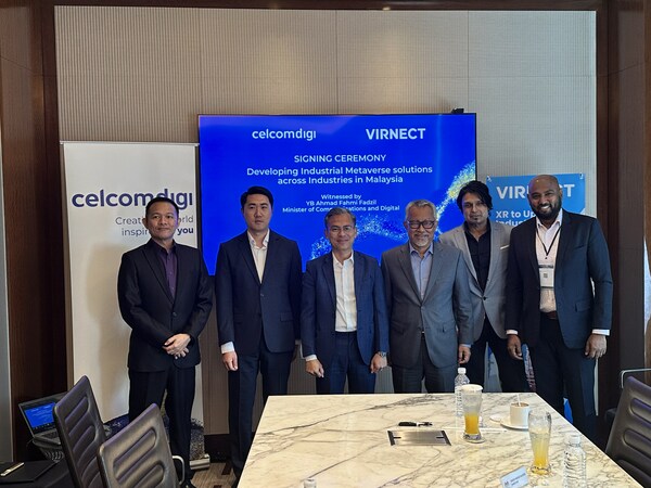 [From Left] Havene Liew, President of XRA, Tim Ha, Chief Executive Officer of VIRNECT,  YB Fahmi Fadzil, Minister of Communications and Digital of Malaysia, Datuk Idham Nawawi, CEO of CelcomDigi, T. Kugan, Chief Innovation Officer of CelcomDigi and Joachim Rajaram, Chief Corporate Affairs Officer of CelcomDigi.