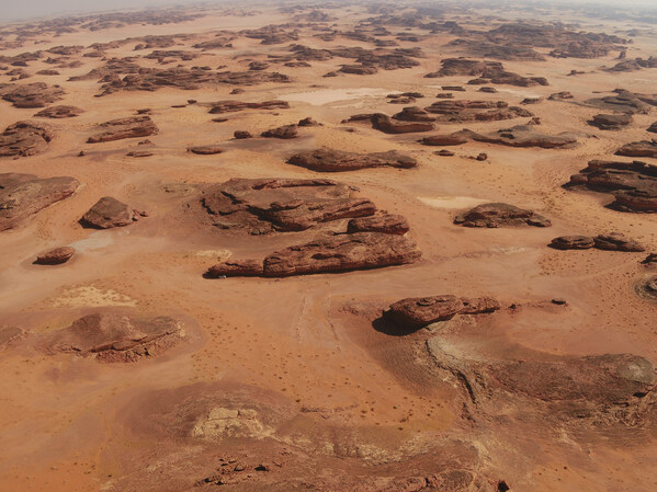 The outline of the Kennedy team’s mustatil is at the forefront of this image of the landscape east of AlUla. They describe the location as “essentially hidden in the sandstone canyons”. Credit: Hugh Kennedy, AAKSA / RCU
